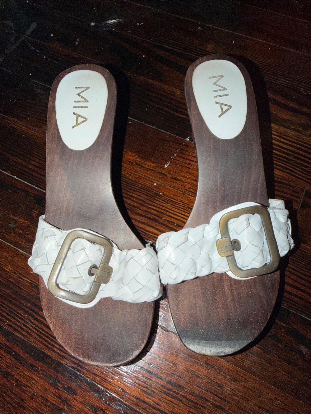 MIA White Braided Slide Sandals with Gold Buckles